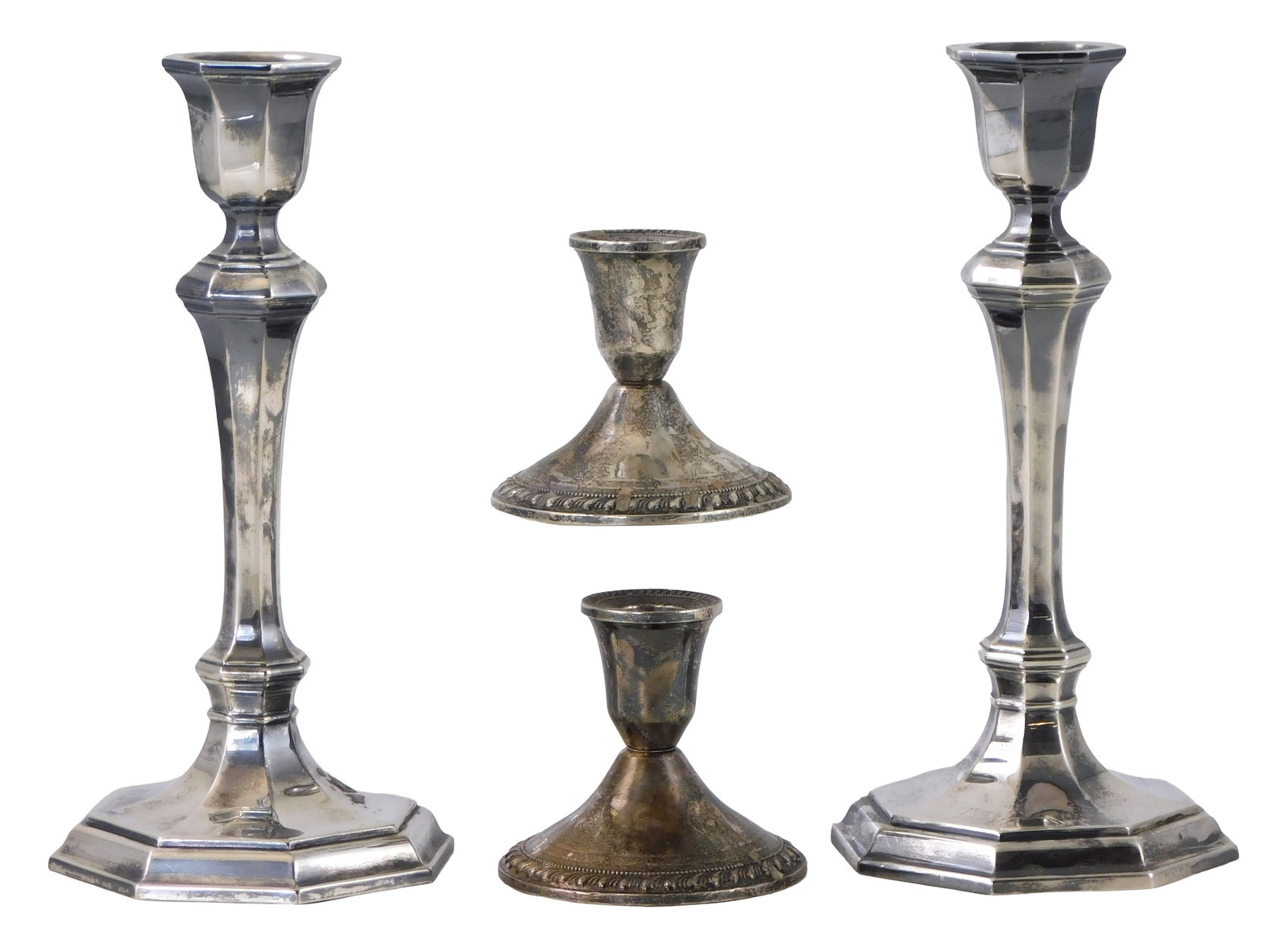 STERLING: Tiffany and Duchin sterling candlesticks, two pairs, mid 20th C., both with maker's and (1 of 5)