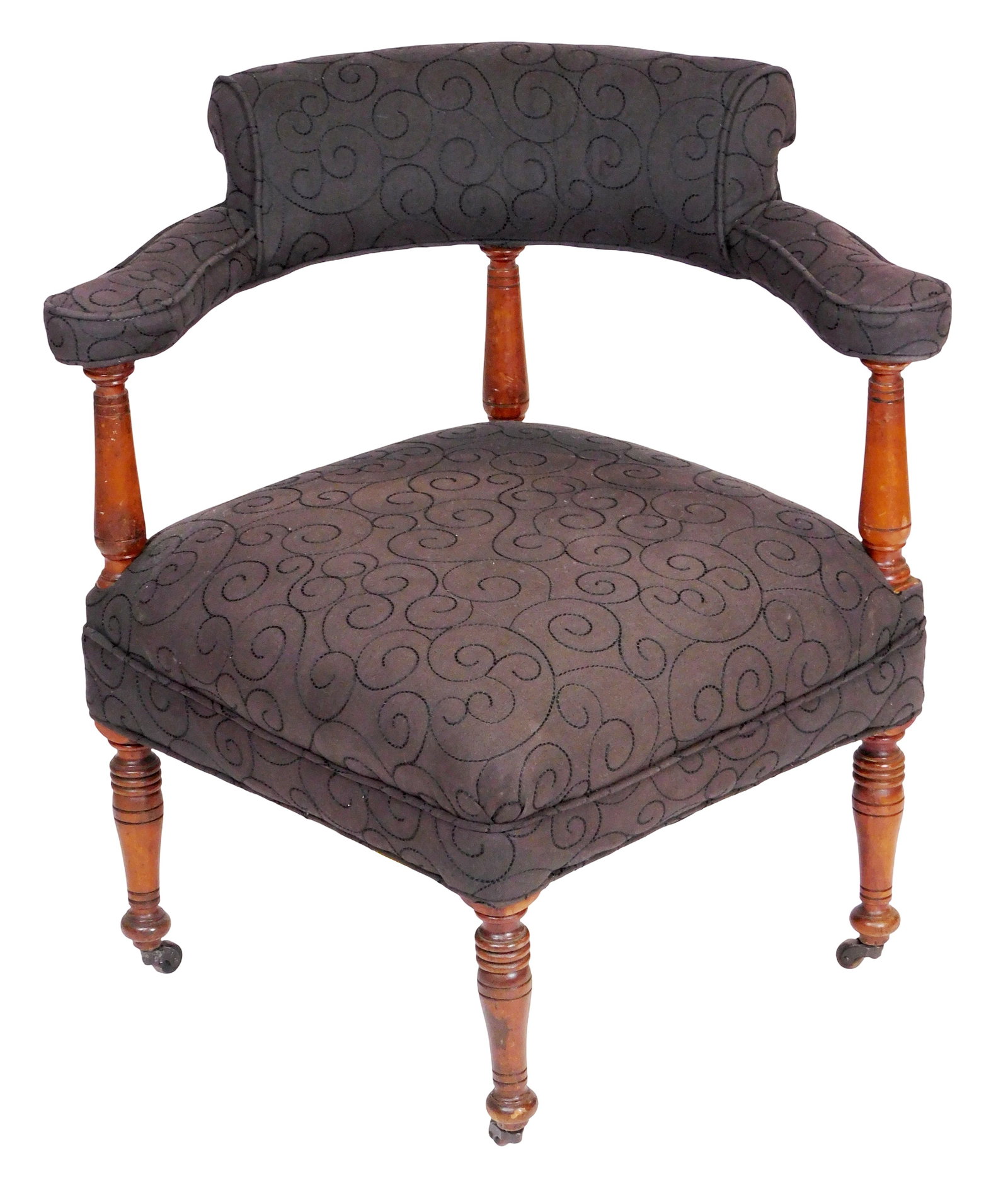 Corner chair, late 19th C., American, maple, upholstered in grey-blue on crest, arms and seat, on (1 of 3)