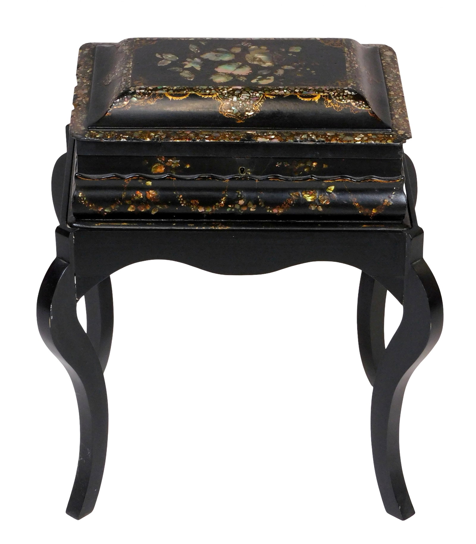 Paper-mache and mother of pearl lift top stand, late 19th-early 20th C., small black chest with (1 of 6)