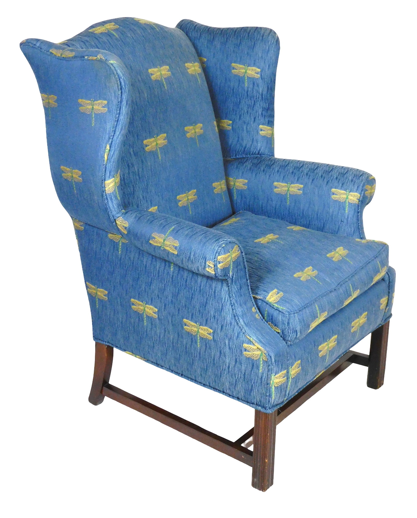 20th C. Chippendale style wingback armchair, mahogany, blue upholstery with dragonflies throughout, (1 of 4)