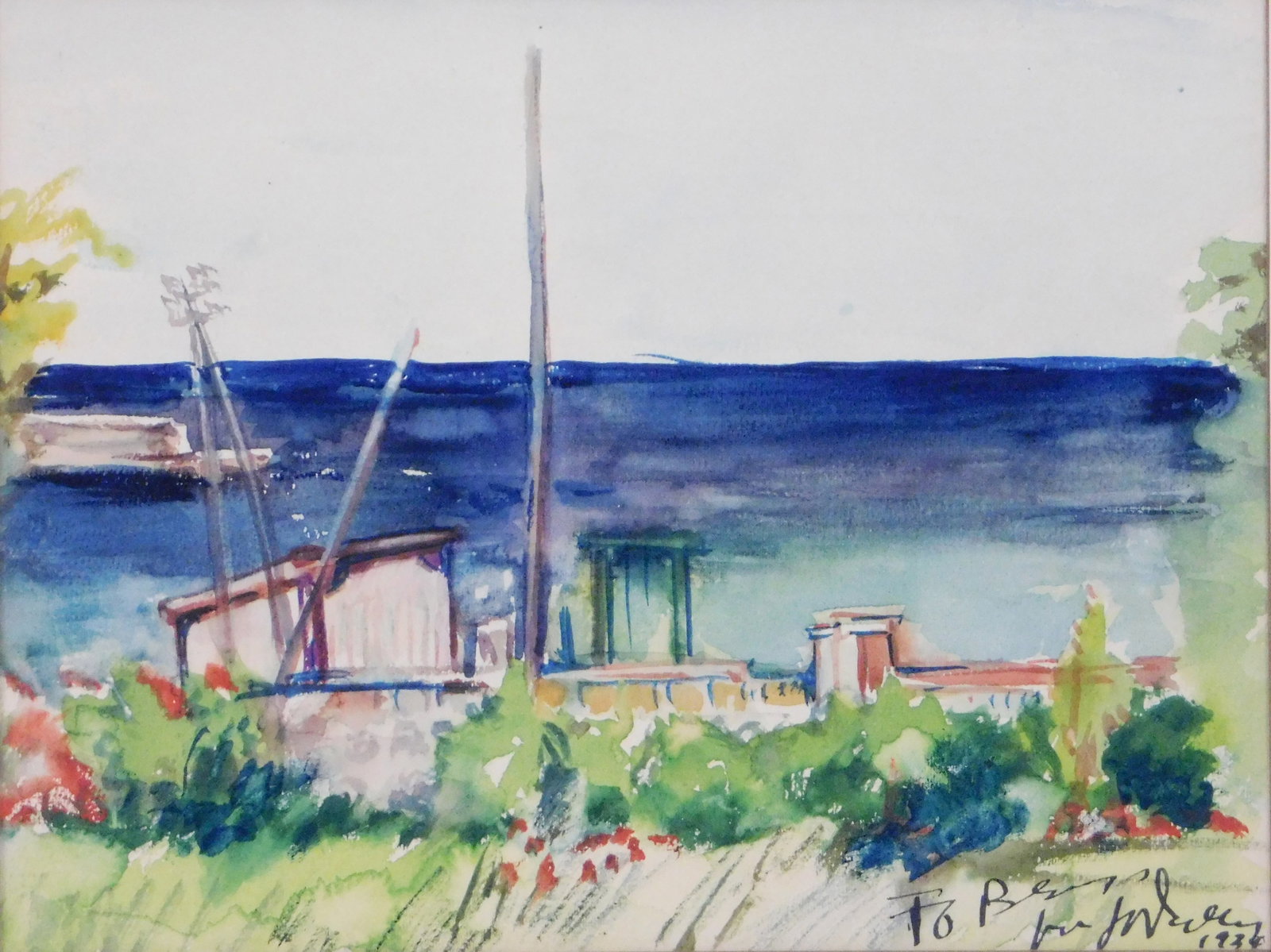 Jo Davidson (American, 1883-1952), “Corsica”, 1934, watercolor, seaside scene with (1 of 5)
