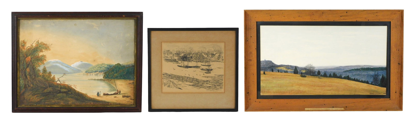 Two watercolors and one lithograph, including: Morris Hall Pancoast (American, 1877-1963),: Two watercolors and one lithograph, including: Morris Hall Pancoast (American, 1877-1963), lithograph, several boats on a beach in front of houses, signed lower right, museum label verso, heavily tone
