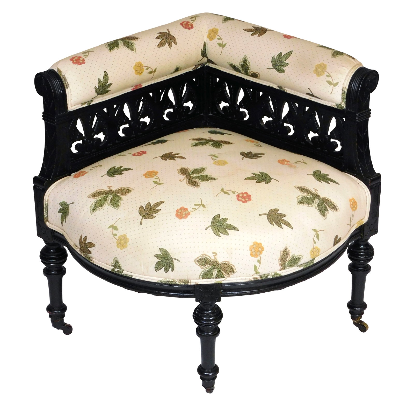 Eastlake design corner chair, late 19th C., American, frame in black paint, upholstered in cream (1 of 5)