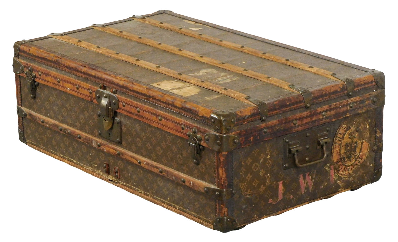 Louis Vuitton cabin trunk, early 20th C., serial no. 135688, monogram pattern exterior, red (1 of 8)