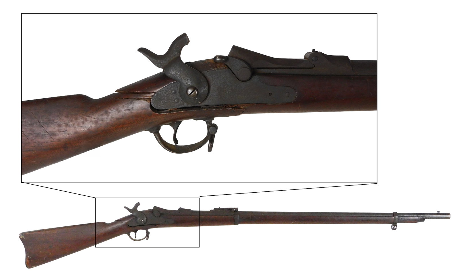 GUN: Springfield Armory U.S. Model 1873 trapdoor rifle with bayonet, ca. 1880, serial number (1 of 9)