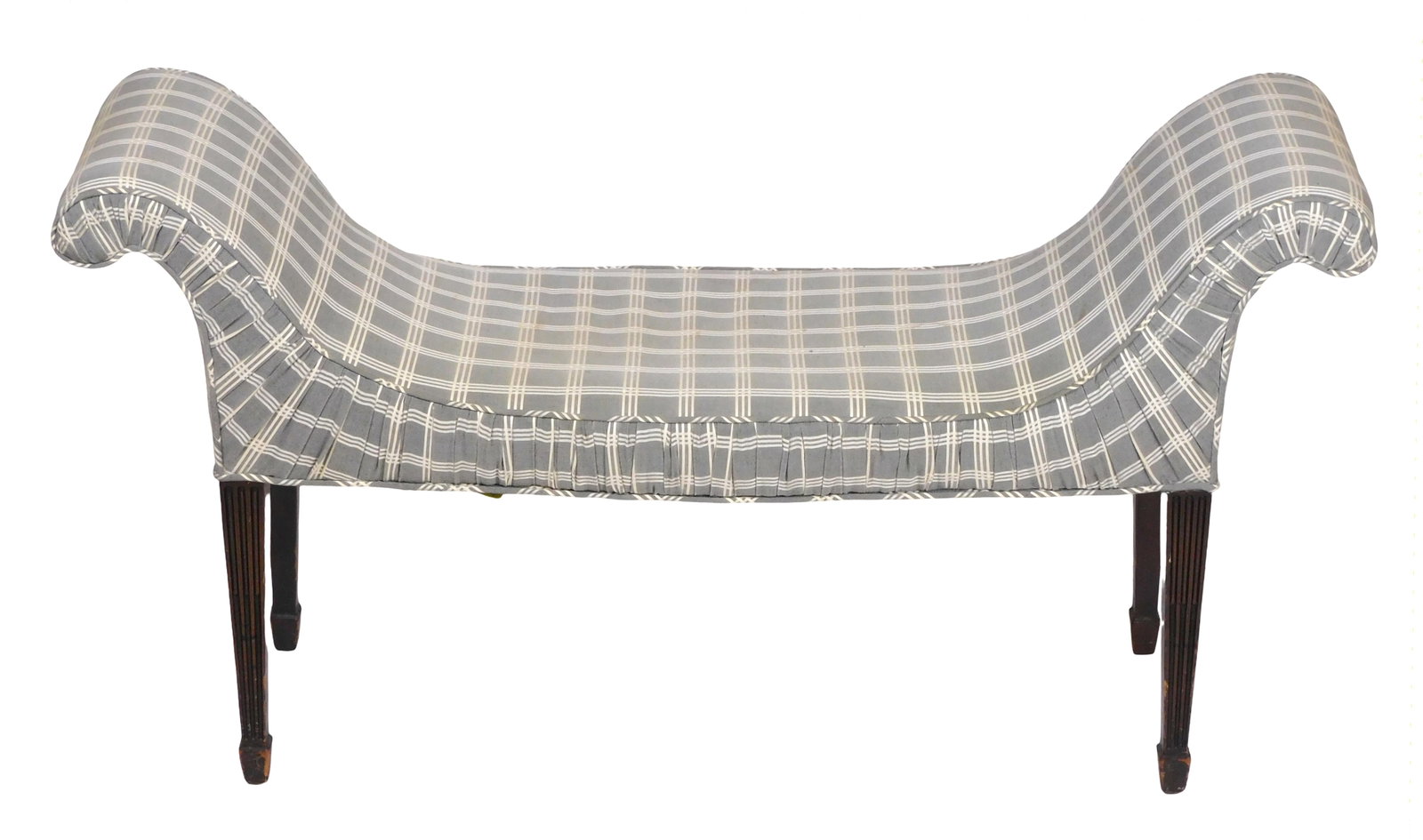 Georgian-style window bench or vanity seat, 20th C., mahogany and oak, grey and white upholstered: Georgian-style window bench or vanity seat, 20th C., mahogany and oak, grey and white upholstered seat, scrolled sides, stop fluted legs, spade feet, wear consistent with age and use including light s