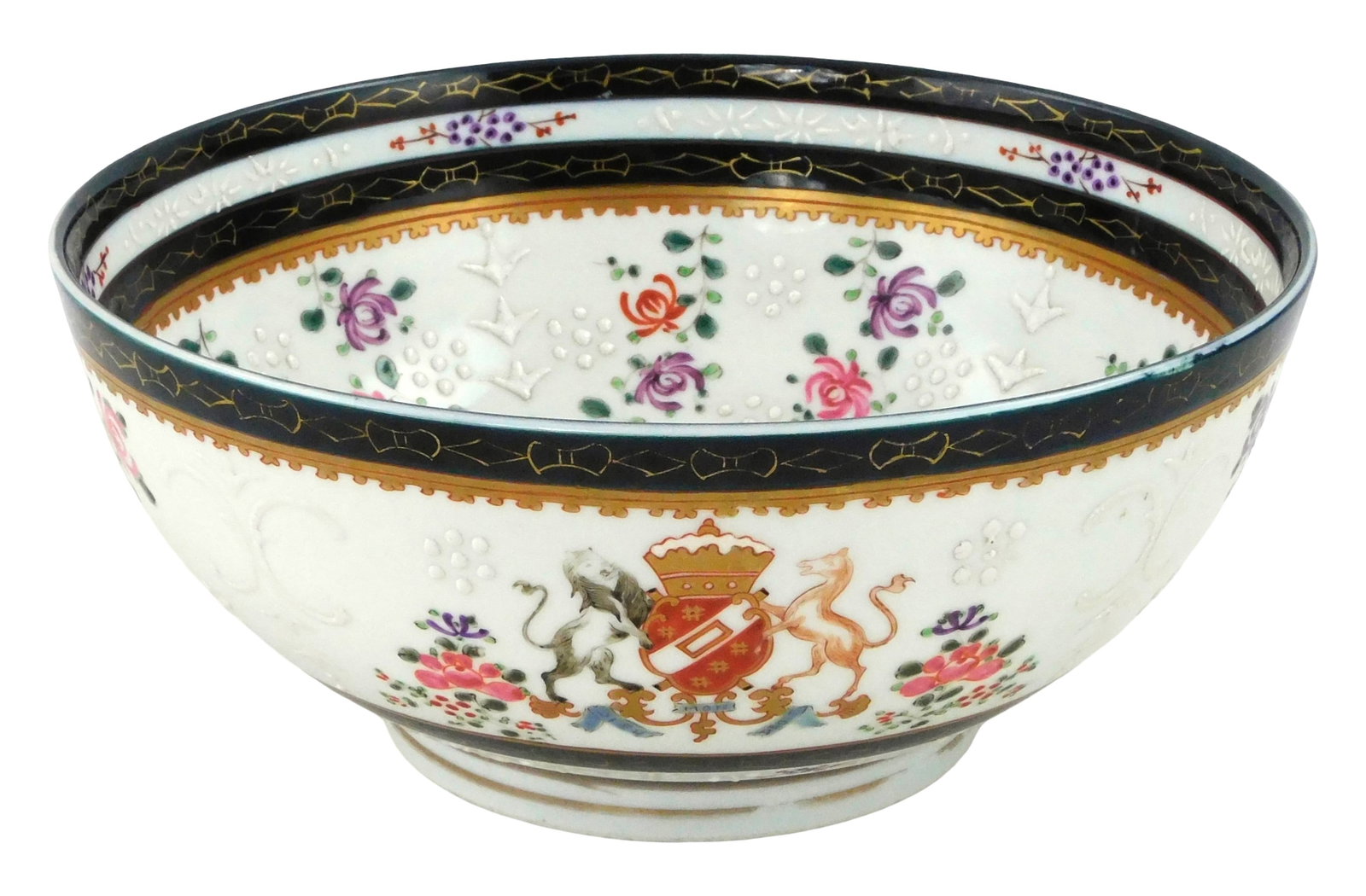 ASIAN: Samson 'Chinese Famille Rose' pattern armorial punch bowl, 19th C., France, enamel painted (1 of 4)