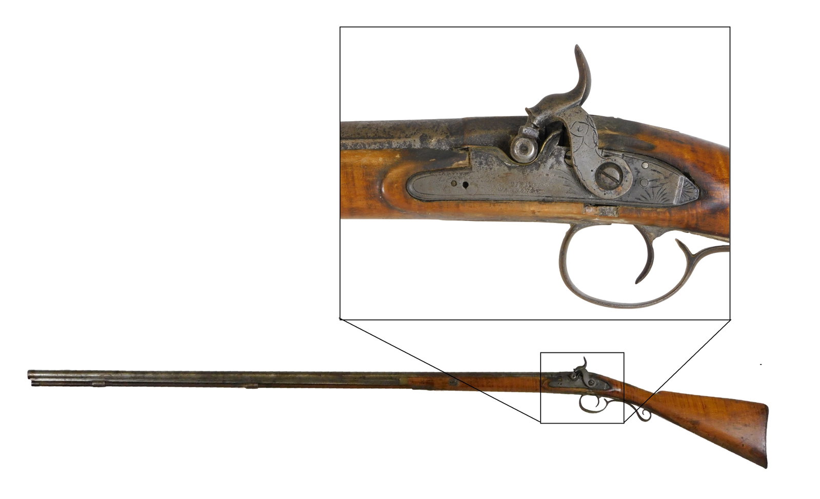 GUN: Left-hand flamed maple 'warranted' percussion fowler, mid 19th C., likely English, half stock,: GUN: Left-hand flamed maple 'warranted' percussion fowler, mid 19th C., likely English, half stock, apx. 28 gauge, "Bristol Warranted" lock plate with decorative engravings, decorative trigger plate a