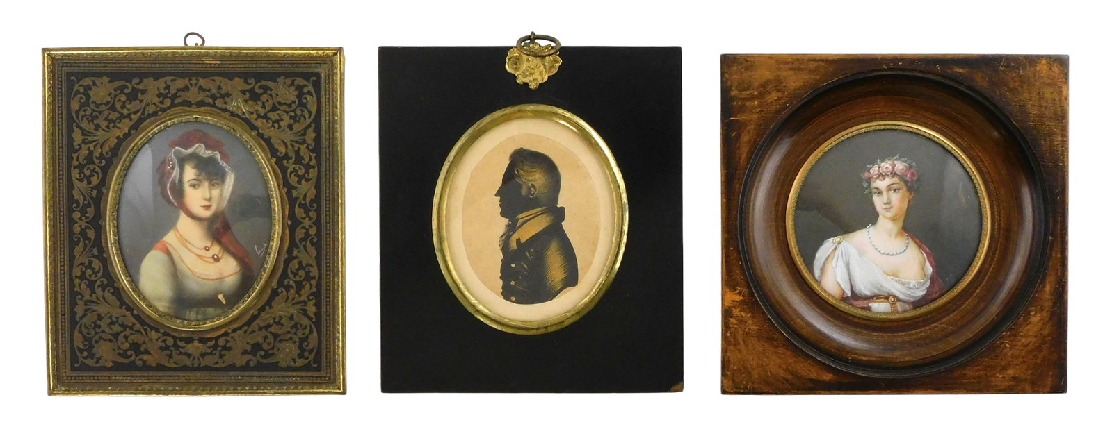 MINIATURE PORTRAITS: Two miniature portraits and a silhouette, late 19th-early 20th C., all framed, (1 of 4)
