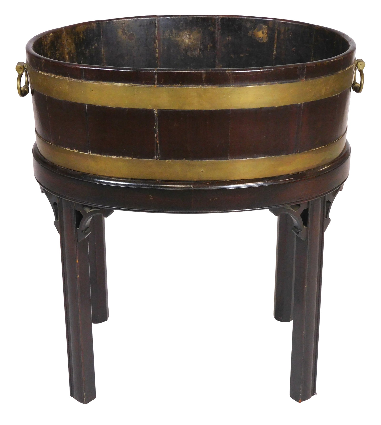 Georgian mahogany and brass cellarette or wine cooler on stand, early 19th C., Chinese-style red: Georgian mahogany and brass cellarette or wine cooler on stand, early 19th C., Chinese-style red enamel, ovular barrel form basin with two brass bands, brass decorative swing handles to either end, re