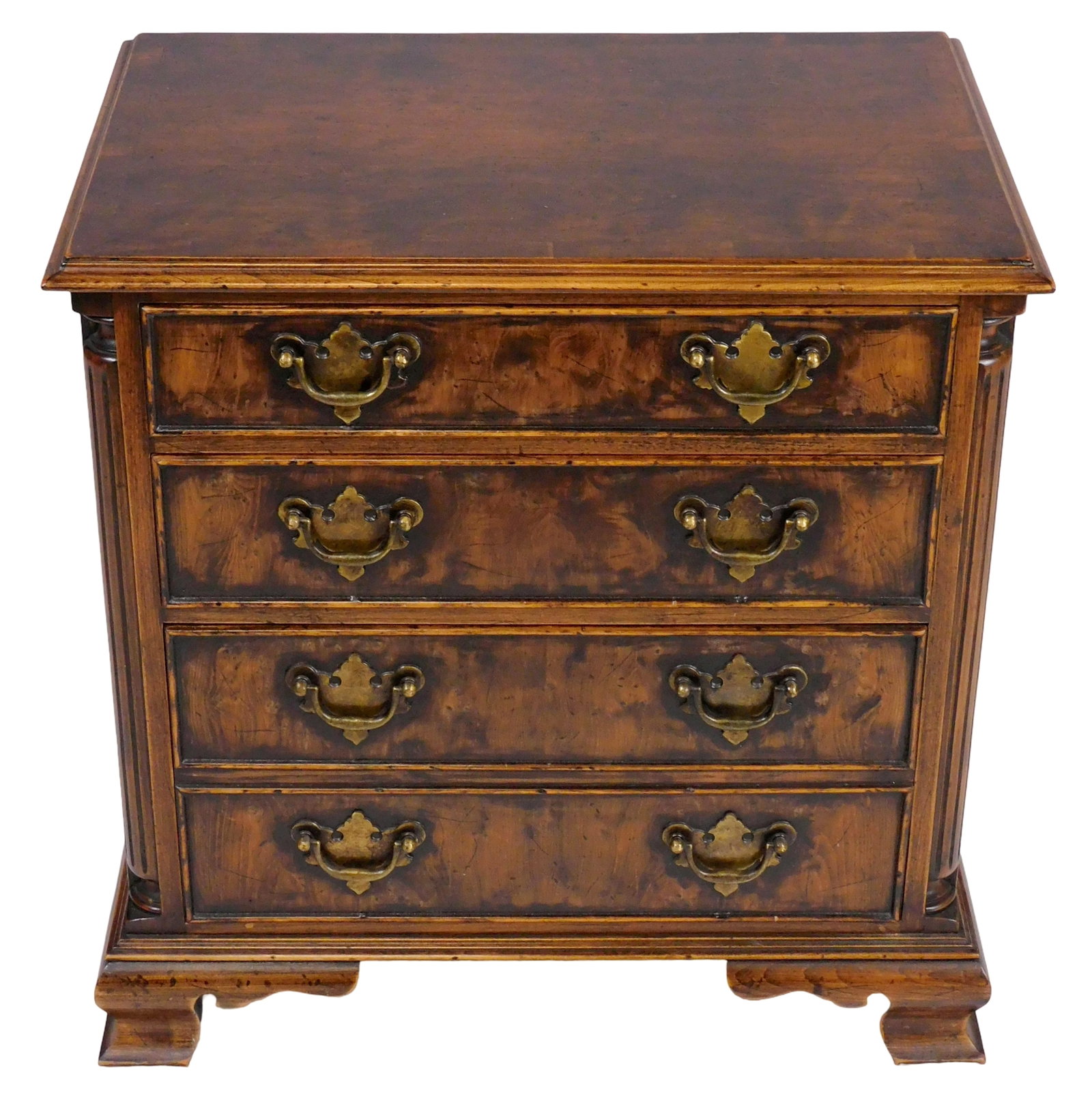 Georgian style diminutive chest of drawers, 20th C., figured hardwood, chest of three drawers,: Georgian style diminutive chest of drawers, 20th C., figured hardwood, chest of three drawers, molded top, two single drawers over double drawer on bottom with second set of false pulls, rectangular f