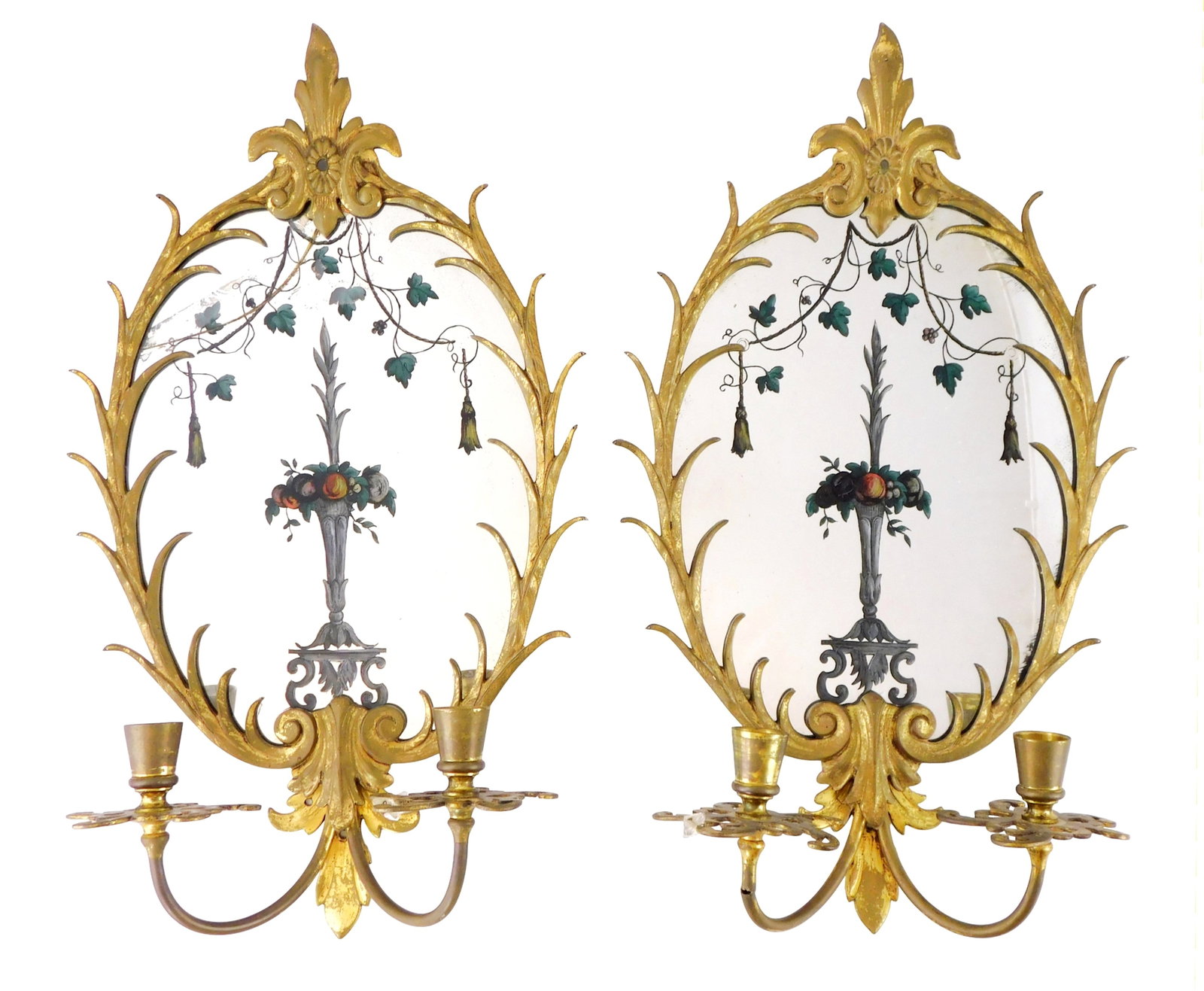 Pair of brass and painted mirror wall sconces, late 19th- early 20th C., possibly French, Empire, (1 of 5)