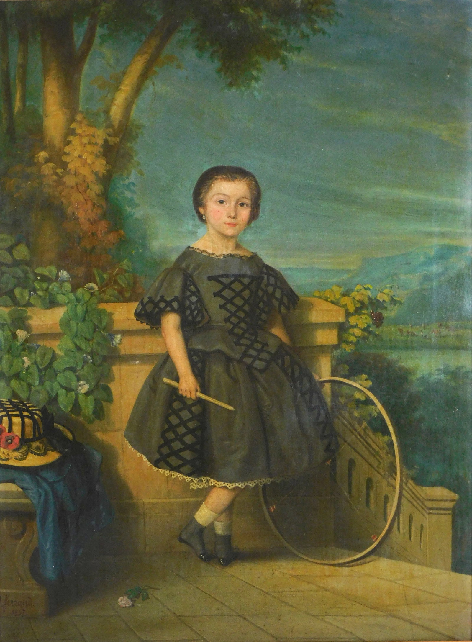 Jules Georges Ferrand (France, active 19th C.), oil on canvas, c. 1857, child in dress poses on: Jules Georges Ferrand (France, active 19th C.), oil on canvas, c. 1857, child in dress poses on stone platform at top of staircase, poses with hoop and stick, trees and foliage to background, signed l