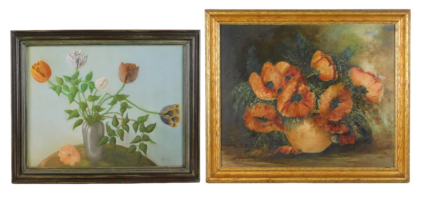 Two 20th C. floral still lifes, both framed, details include: first oil on canvas board, pink: Two 20th C. floral still lifes, both framed, details include: first oil on canvas board, pink poppies in a small vase perched on a tabletop, gilt frame, unsigned, back of board with "Healy 8982" as we