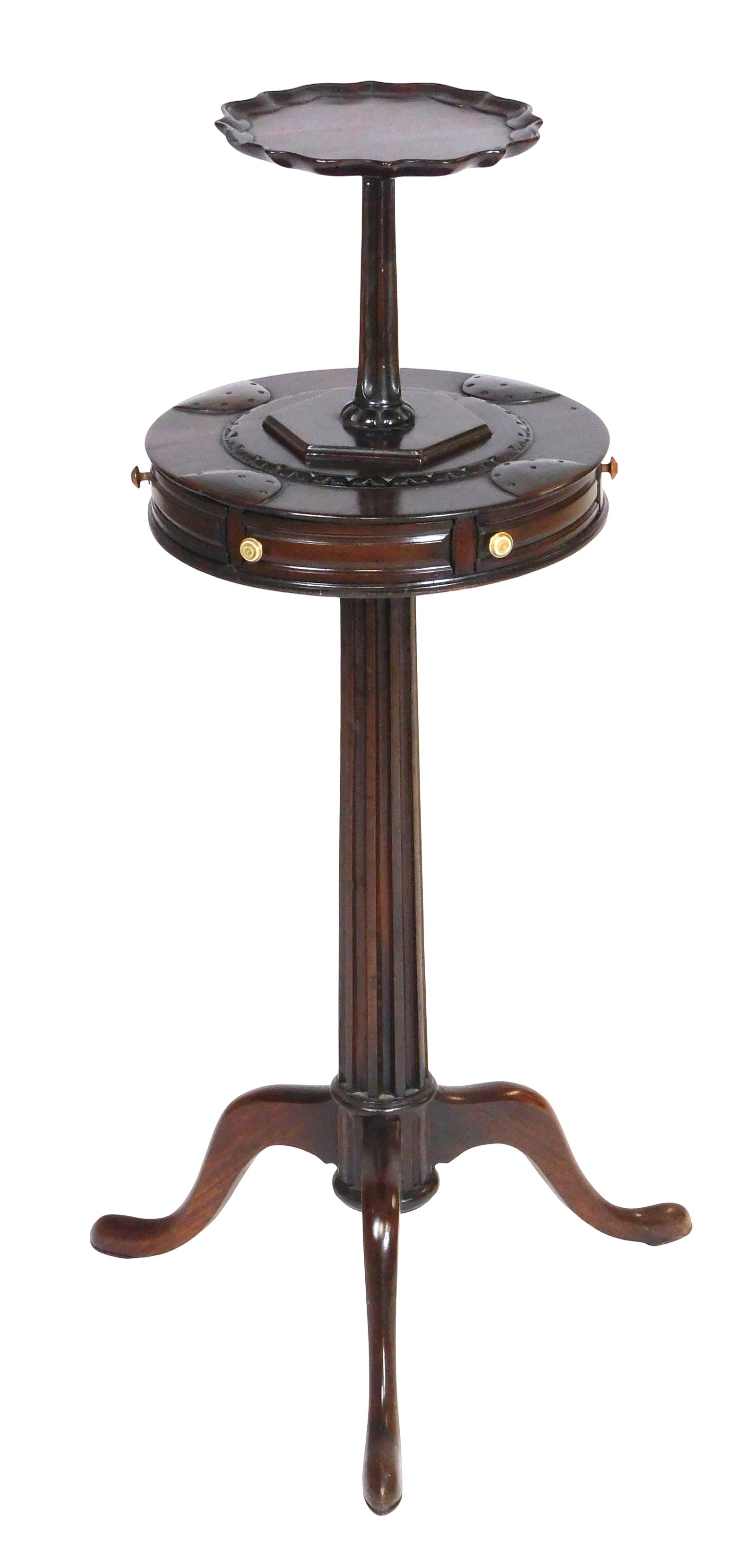 Two-tier tripod stand, 19th C., continental, mahogany, center tier with six locking swivel drawers,: Two-tier tripod stand, 19th C., continental, mahogany, center tier with six locking swivel drawers, each with decorative bone or wood pulls, carved geometrical decorations throughout, centering a hexa