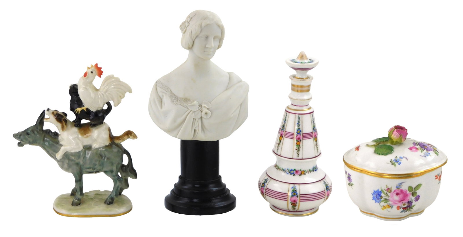 European decorative porcelain, four pieces, 19th C., details include: Copeland Jenny Lund bisque: European decorative porcelain, four pieces, 19th C., details include: Copeland Jenny Lund bisque statue, c. 1847, designed by Joseph Durham (English, 1814-1877), statue with original base broken, late