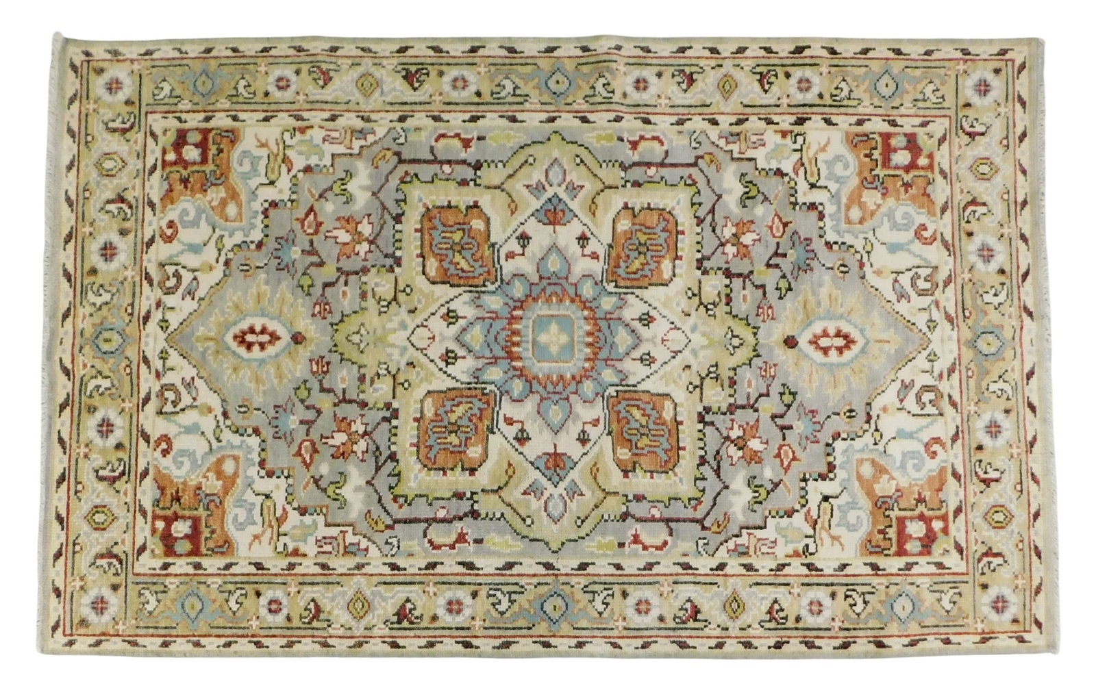 RUG: Agra Serapi, 5' 10" x 9' 2", wool on cotton, light gray field, accents of grey blue and: RUG: Agra Serapi, 5' 10" x 9' 2", wool on cotton, light gray field, accents of grey blue and off-white, central medallion, repeating geometrical and floral motifs, wear consistent with age and use, ru