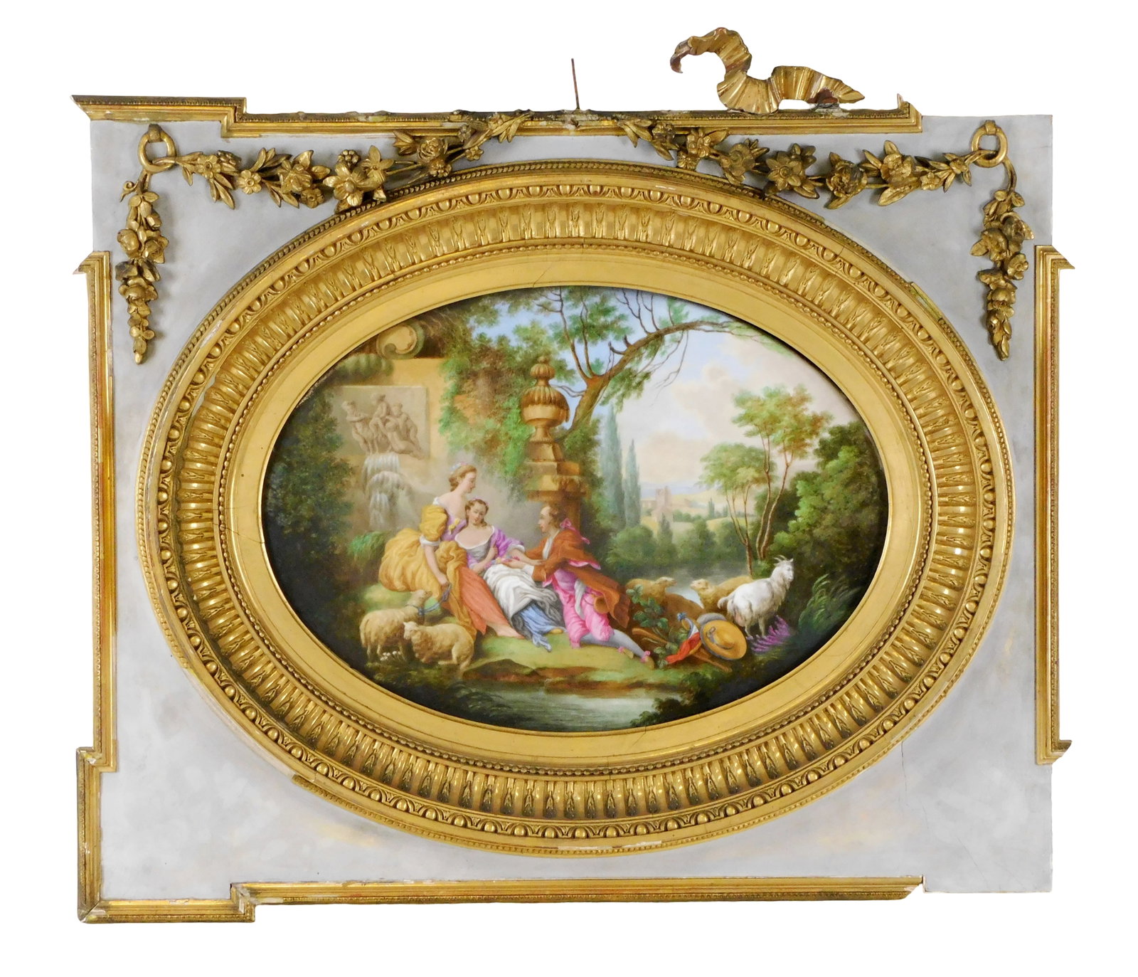 +Continental painted porcelain plaque, classical pastoral scene featuring shepherdess with young (1 of 6)