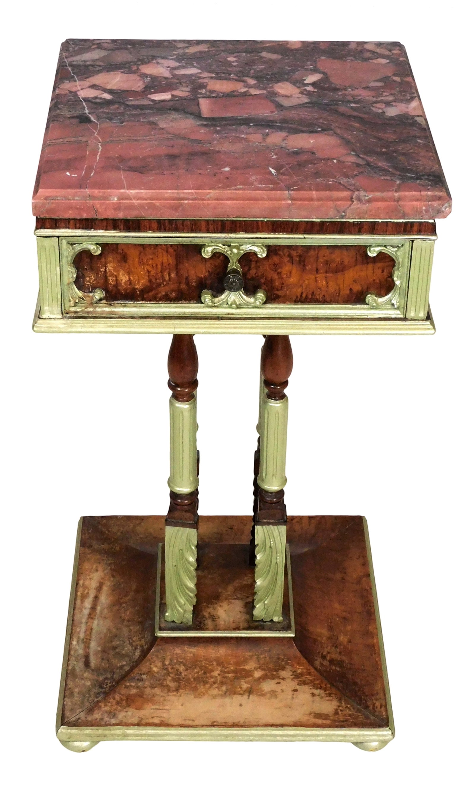 Marble top painted single-drawer stand, late 19th- early 20th C., likely French, Louis XVI style, (1 of 4)