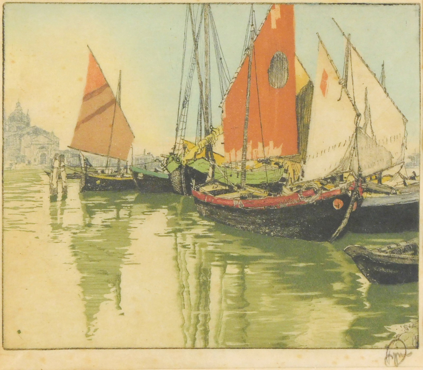 Hans Figura (Austrian, 1898-1978), "Boats on the Grand Canal Venice", c. 1920's, color aquatint on (1 of 4)