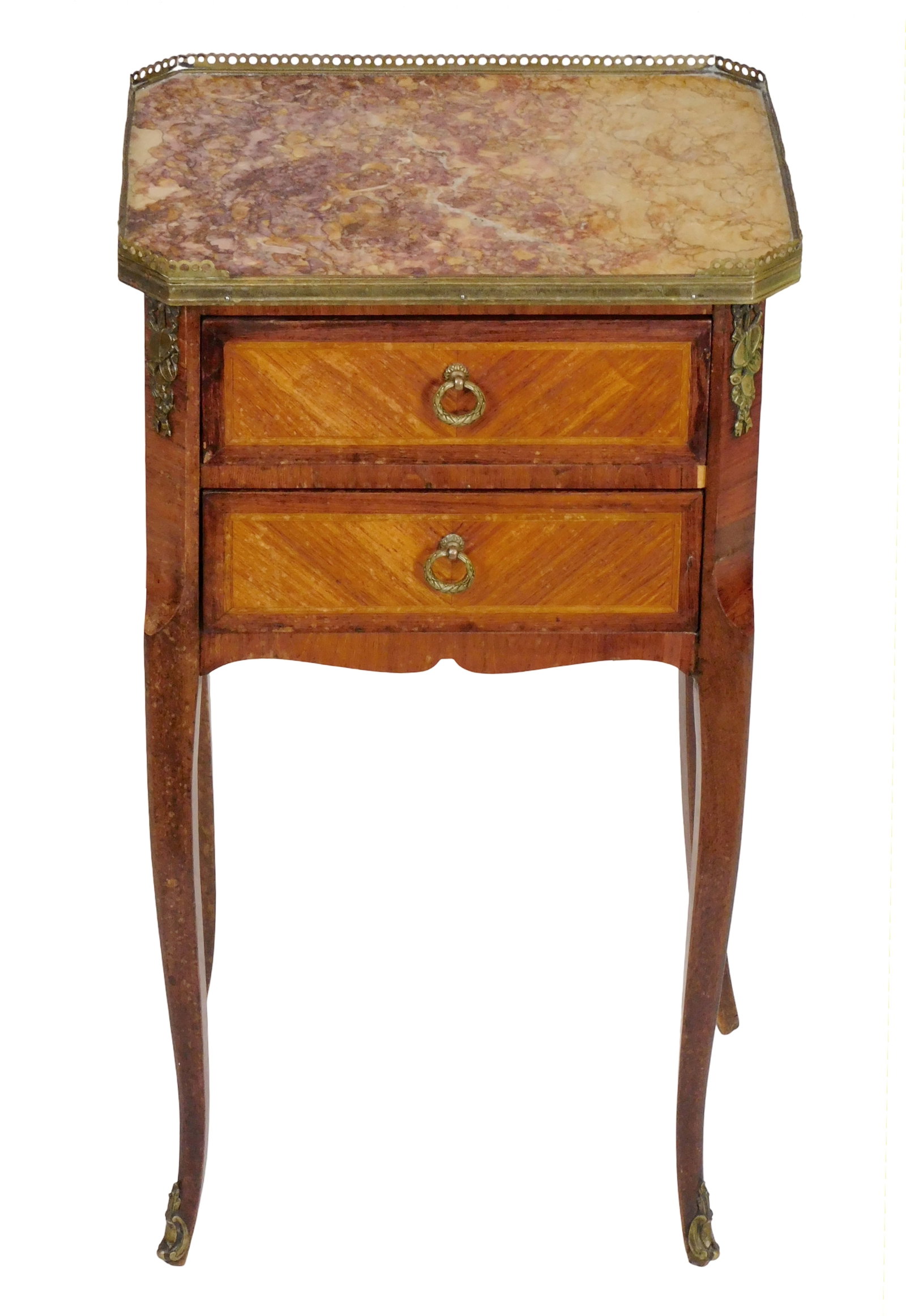 Louis XV parquetry inlaid marble top stand, 19th C., likely French, two-drawer stand, rectangular: Louis XV parquetry inlaid marble top stand, 19th C., likely French, two-drawer stand, rectangular form case with beveled edges, side and back panels and drawers with parquetry veneer, red and white ma