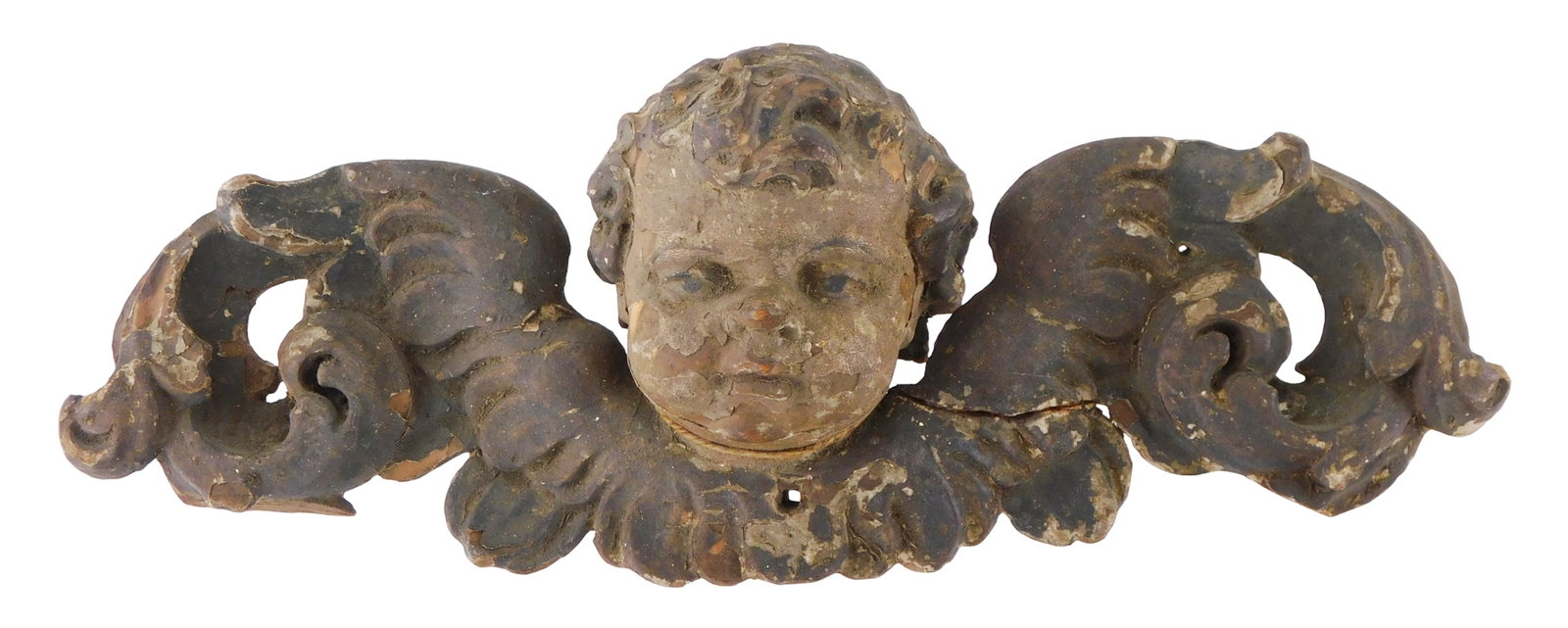 Early winged cherub’s head sculpture, carved wood with old painted plaster finish, wings with (1 of 4)