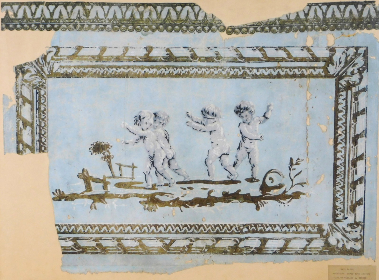 Late 18th/early 19th C. wallpaper fragment, Roman fresco-style design featuring putti, black, grey (1 of 5)