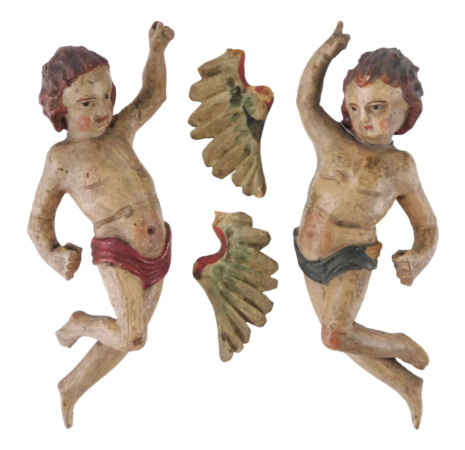 +Italian pair of cherub statuettes, likely 18th C., carved wood and painted plaster, one with red: +Italian pair of cherub statuettes, likely 18th C., carved wood and painted plaster, one with red draping and one with green draping, both missing wings with one pair included, wear consistent with ag