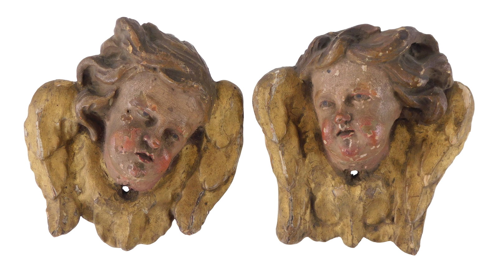 18th C. pair of cherub head sculptures, carved wood with gilt and polychrome painted plaster finish,: 18th C. pair of cherub head sculptures, carved wood with gilt and polychrome painted plaster finish, ring hooks verso, condition on both consistent with age and use, finish loss throughout, areas of d