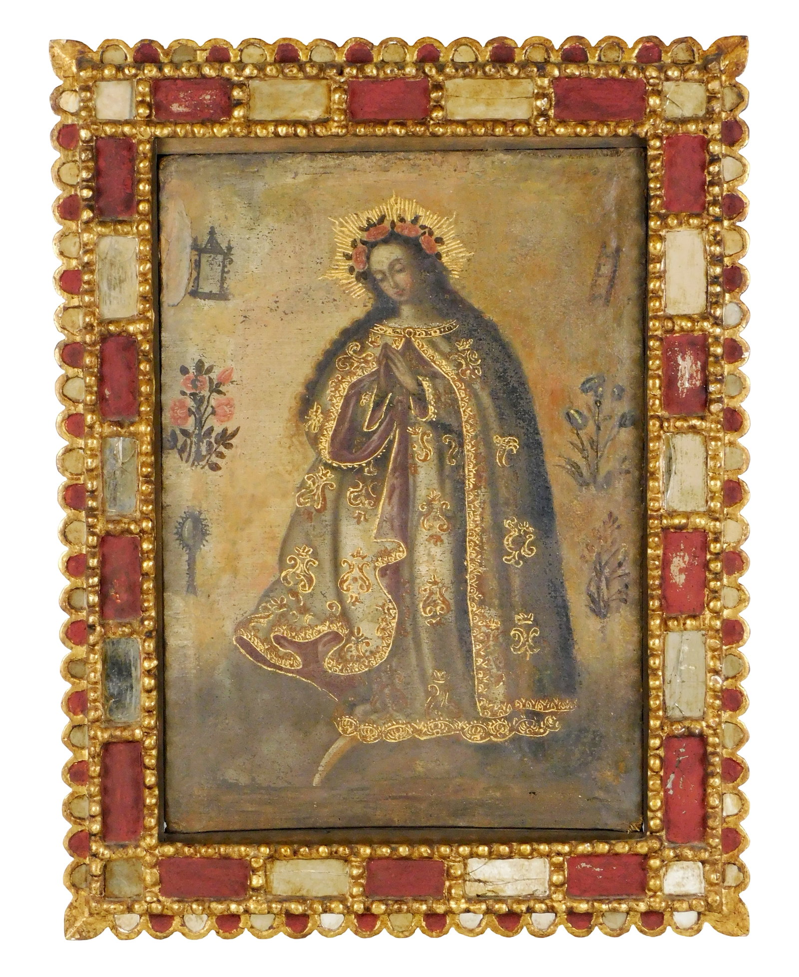 Peruvian/Cuzco School, likely 18th C., oil on canvas, depicts Madonna (Mother Mary) wearing long red: Peruvian/Cuzco School, likely 18th C., oil on canvas, depicts Madonna (Mother Mary) wearing long red and white robe with gilt accents throughout, crown of flowers, flowers and other objects to border,