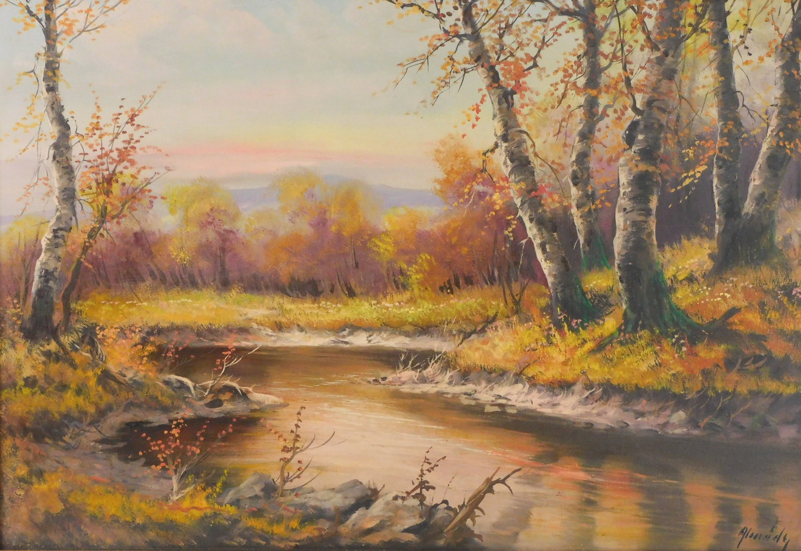 Istvan Almady (Hungarian, b.1916), c. 1944, oil on canvas, autumn landscape with stream cutting (1 of 4)