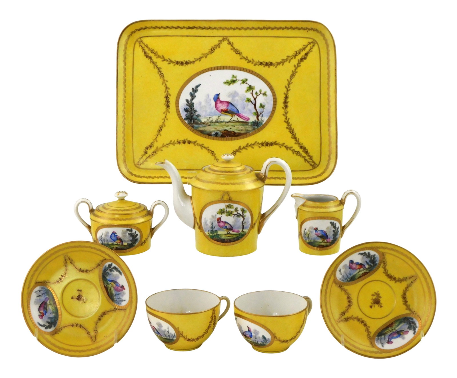 Sevres style yellow ground and birds tea service for two, eight pieces, late 18th-19th C., likely: Sevres style yellow ground and birds tea service for two, eight pieces, late 18th-19th C., likely French, porcelain, all with yellow ground, enamel painted polychrome depictions of birds and their nat