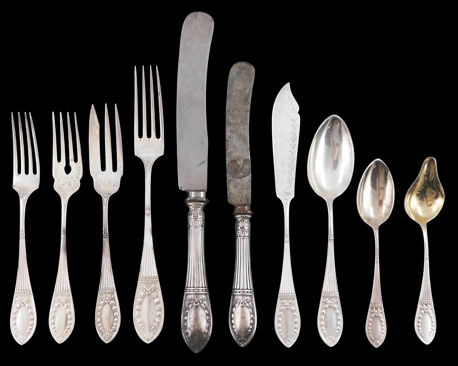 STERLING: Eduard Foehr German sterling flatware set, late 19th- early 20th C., 131 pieces, bow and (1 of 5)