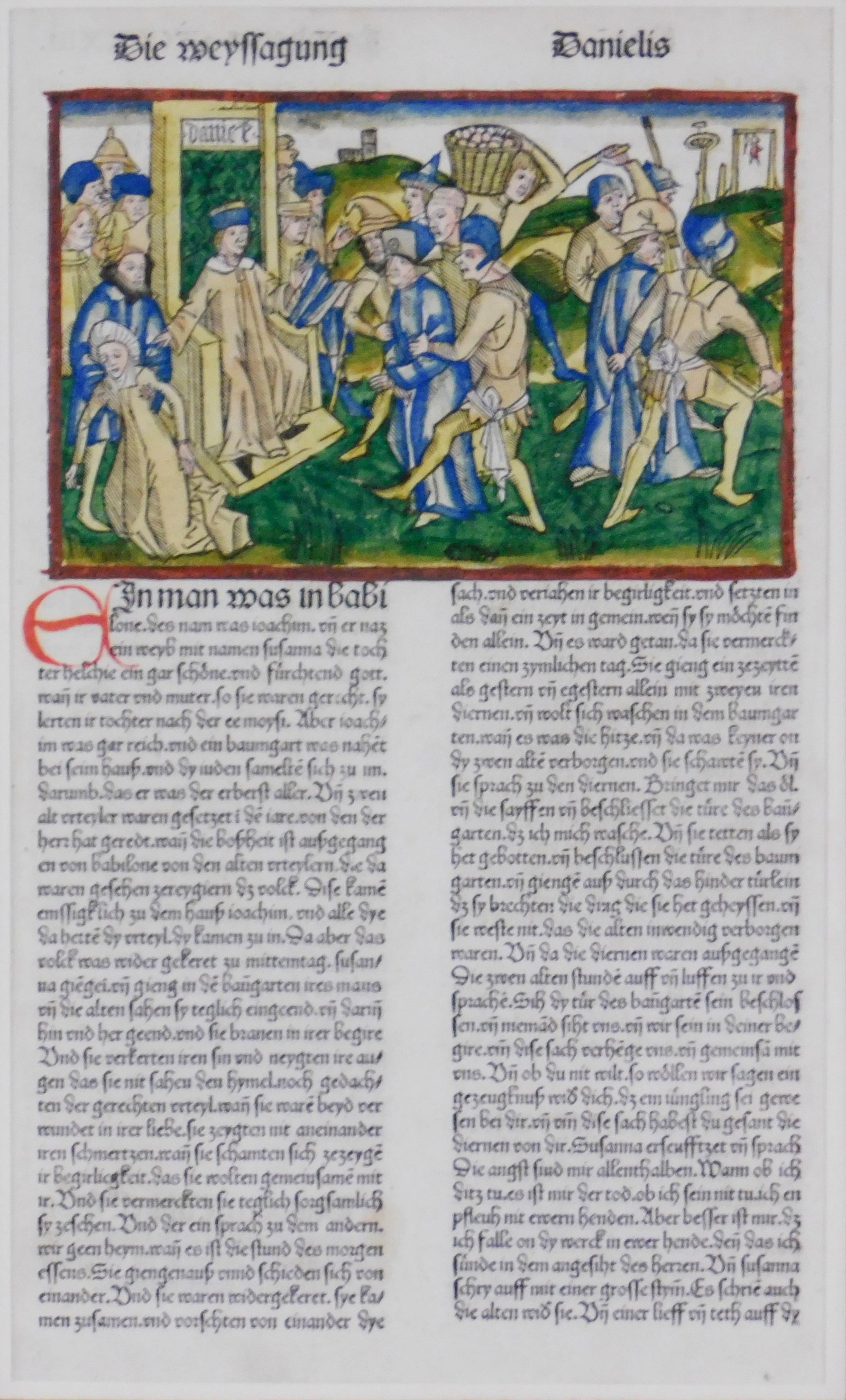 German Koberger Bible page, c. 1483, Nuremberg, woodblock print on paper with contemporary added: German Koberger Bible page, c. 1483, Nuremberg, woodblock print on paper with contemporary added coloring, features a story from the IX book "Book of Daniel" about a Susanna being falsely accused of a