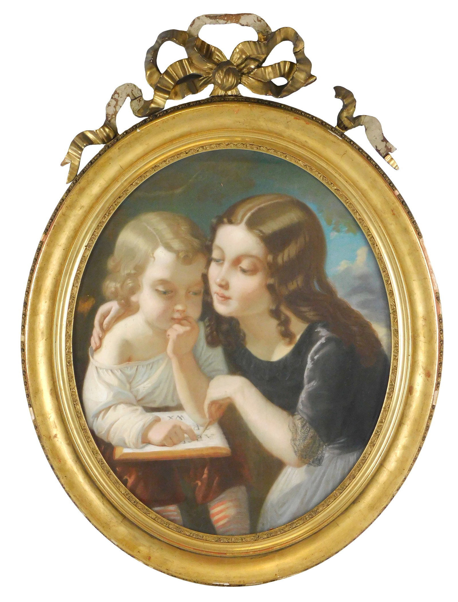 Antoine Ducrot (French, 1814-1870), pastel, young child in white being taught the alphabet by an: Antoine Ducrot (French, 1814-1870), pastel, young child in white being taught the alphabet by an older child, signed beside young child’s arm left center margin, museum label verso, framed behin