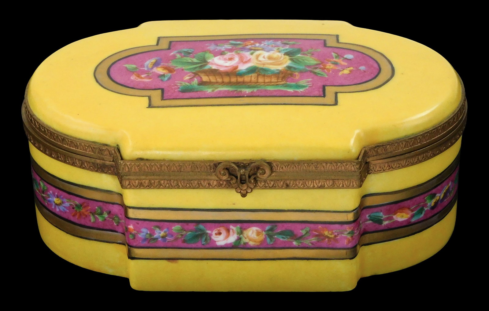 Limoges large enamel painted porcelain trinket box, late 19th- early 20th C., France, hand painted: Limoges large enamel painted porcelain trinket box, late 19th- early 20th C., France, hand painted porcelain panels, hinged lid with brass hardware, yellow ground with pink and gilt accents, floral mo