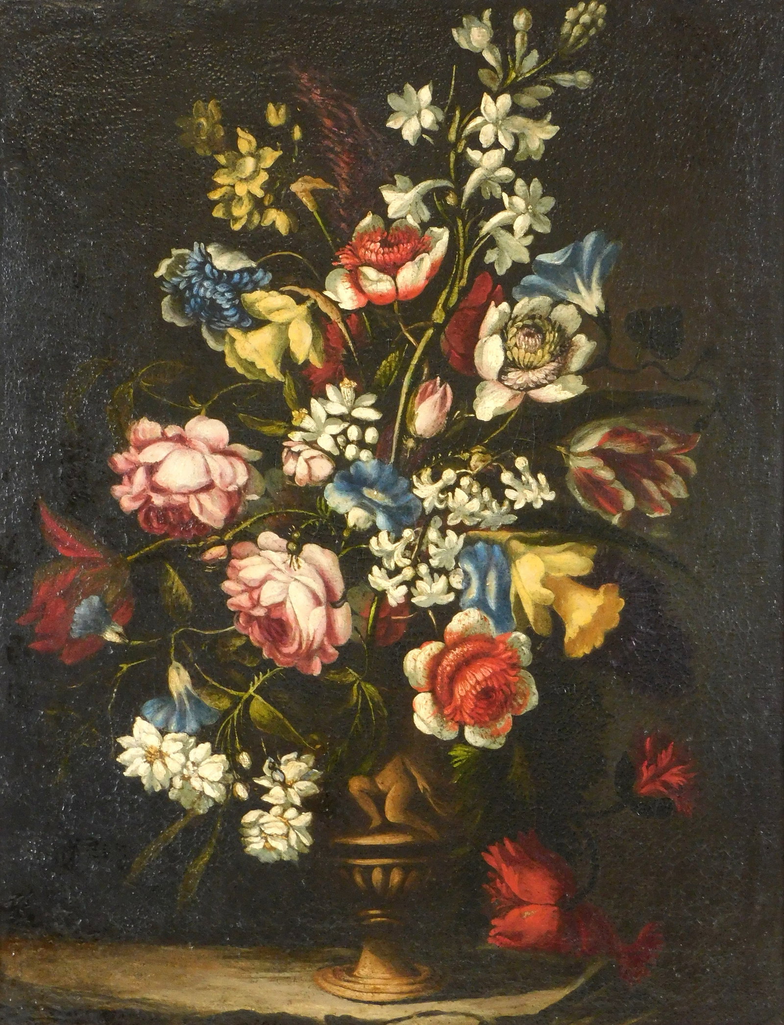 In the manner of Severin Roesen (Germany, 1815-1872), floral still life, oil on canvas, polychrome: In the manner of Severin Roesen (Germany, 1815-1872), floral still life, oil on canvas, polychrome depiction of a bouquet of flowers in an ornate urn shaped vase, set against dark background, perched 