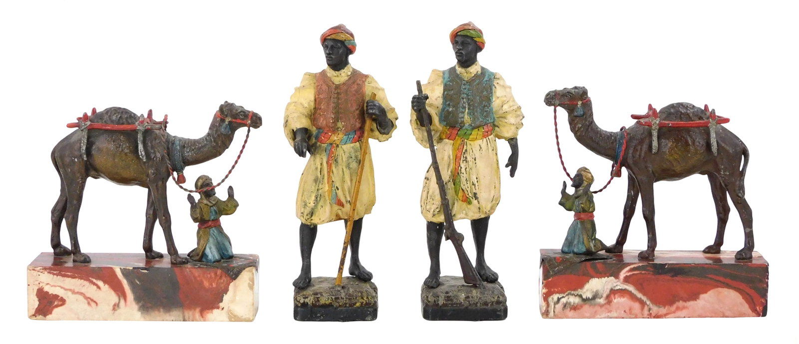 Two pairs of Arabic-themed cold painted bronze figures, late 19th-early 20th C., in the style of: Two pairs of Arabic-themed cold painted bronze figures, late 19th-early 20th C., in the style of Franz Bergman (Austrian, 1861-1936), no maker's marks observed, details include: pair of walking Arabic