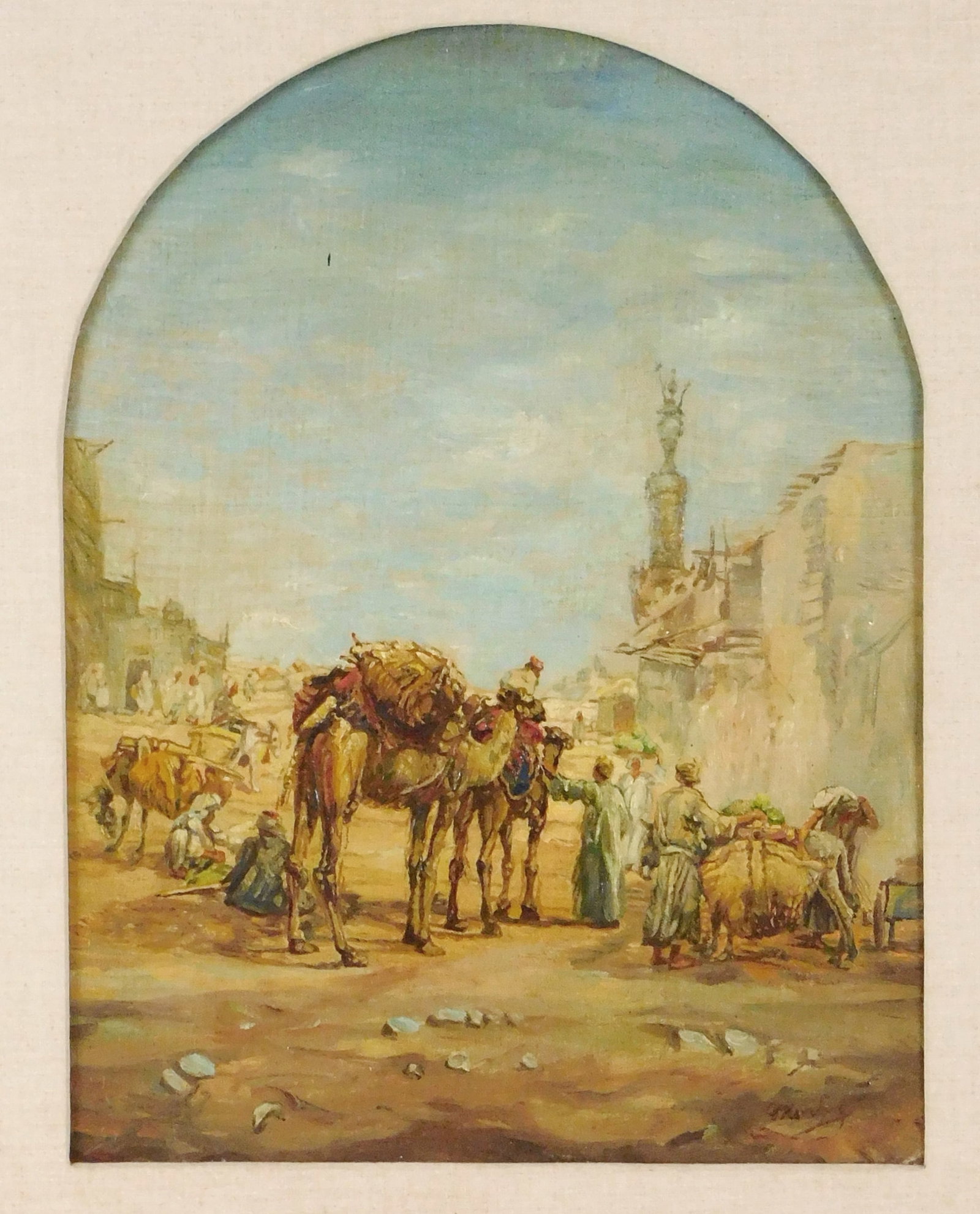 20th C. oil on arched panel depicting Middle Eastern street, likely Egypt or North Africa, at center (1 of 5)