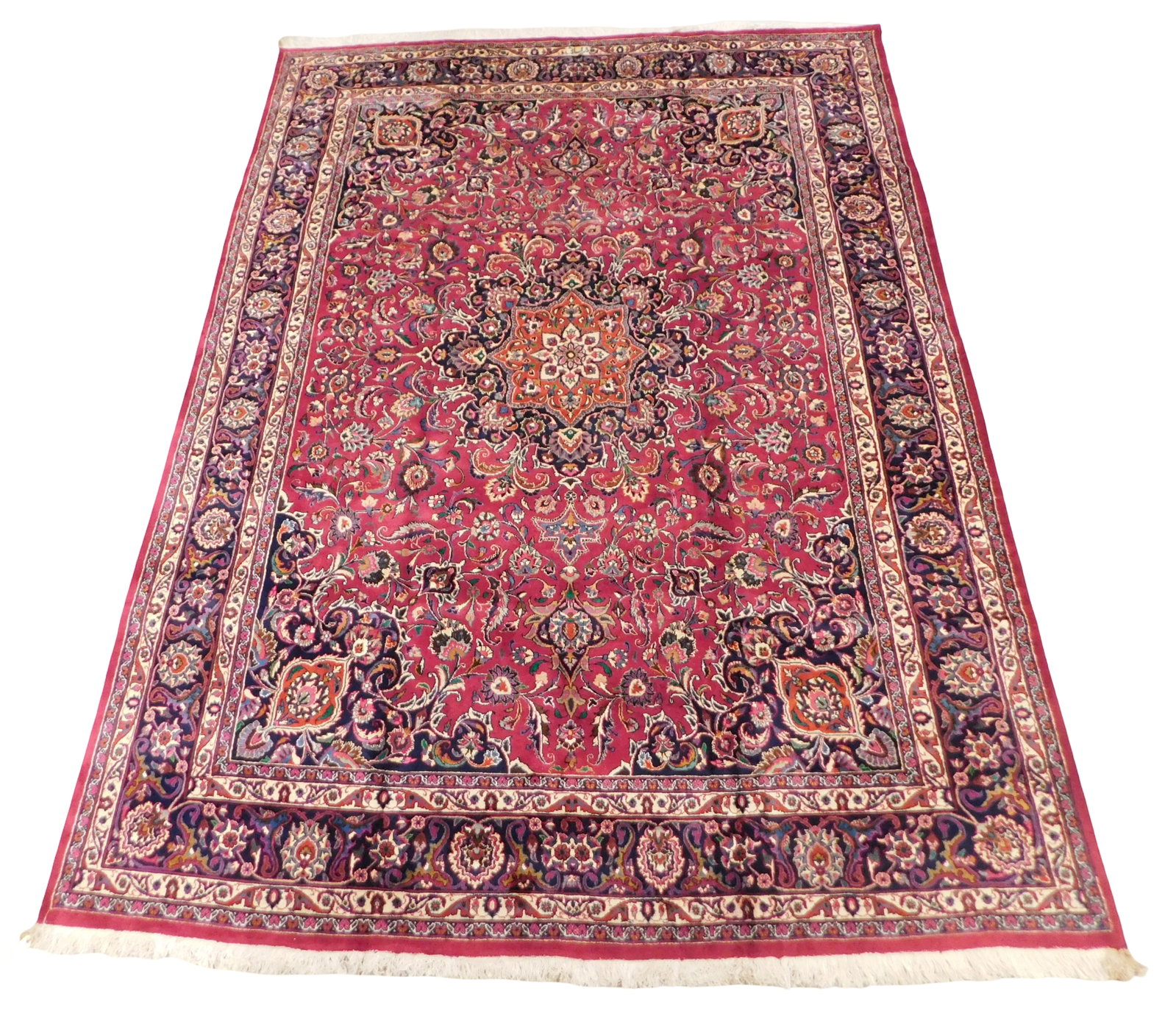 RUG: Mashad, 13' 6" x 9' 2", wool on cotton, red on ground, classic geometric designs, wear: RUG: Mashad, 13' 6" x 9' 2", wool on cotton, red on ground, classic geometric designs, wear consistent with age and use, may include minor/scattered damages, sold as is. [HEAVY: PLEASE BRING APPROPRIA