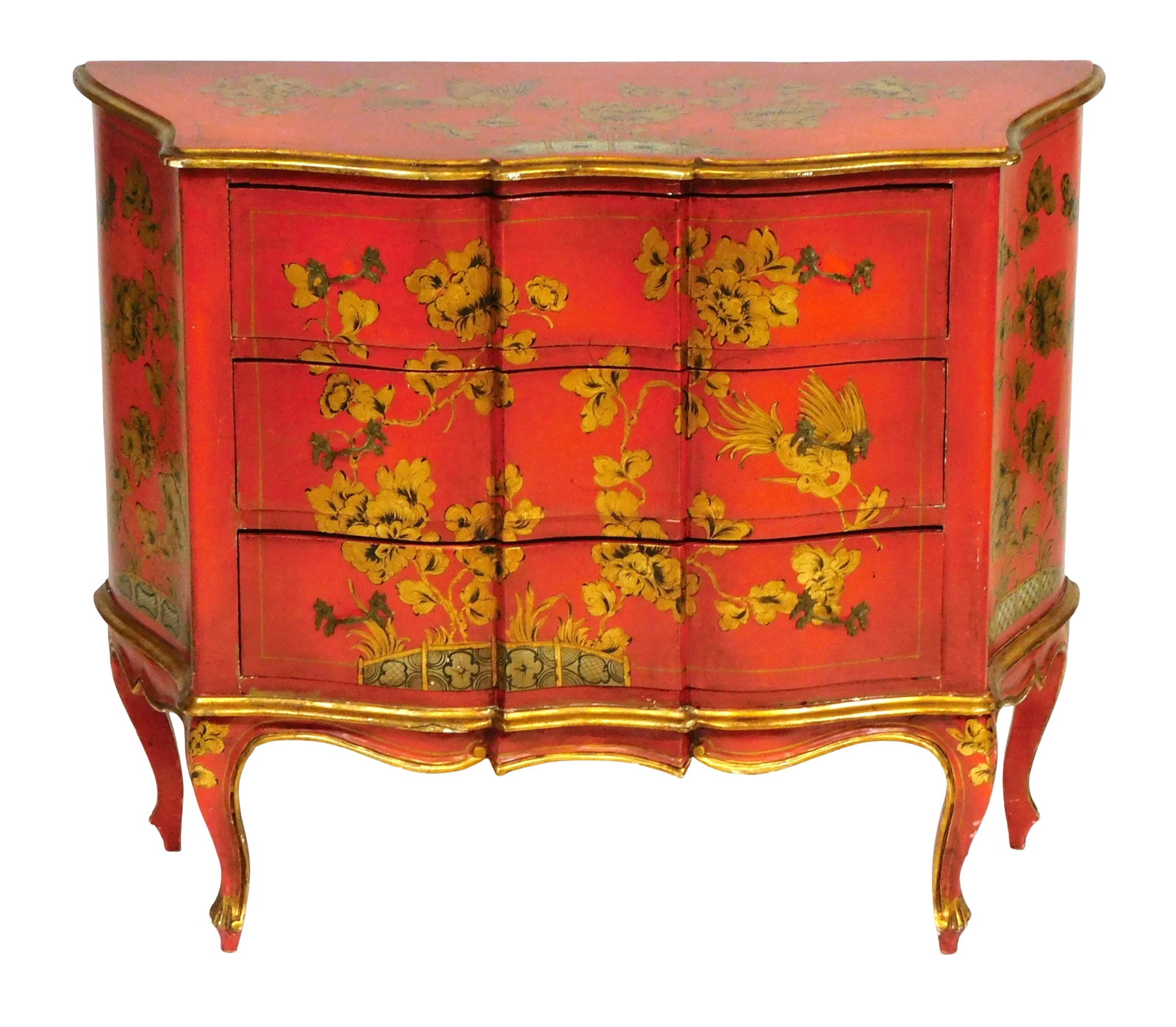 Chinoiserie Louis XV style commode, 20th C., chest of three drawers, Asian themed floral and (1 of 8)