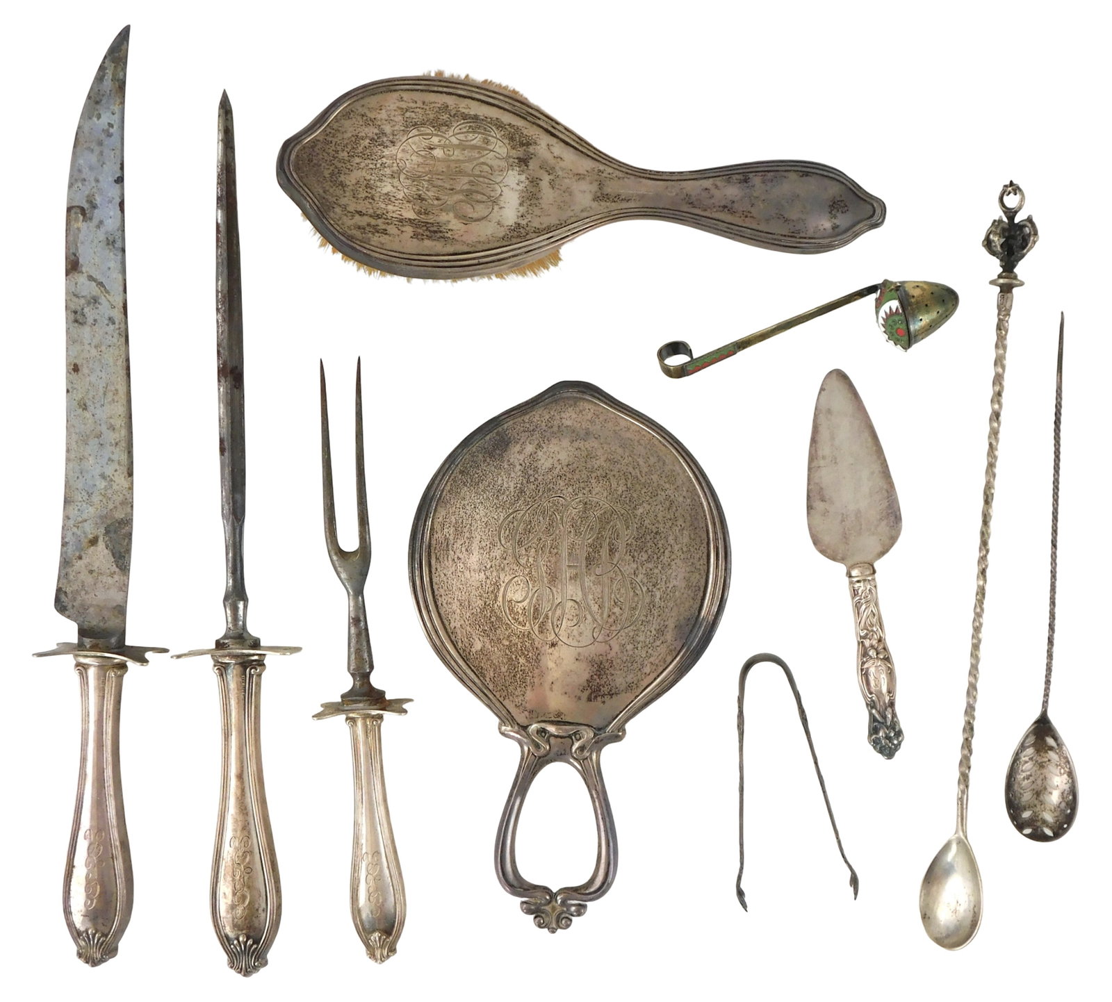 SILVER: Ten pieces of weighted sterling, stamped sterling, tested silver and '800' silver, items: SILVER: Ten pieces of weighted sterling, stamped sterling, tested silver and '800' silver, items include: three piece sterling carving set with weighted handle and non-silver appendages, each estimate