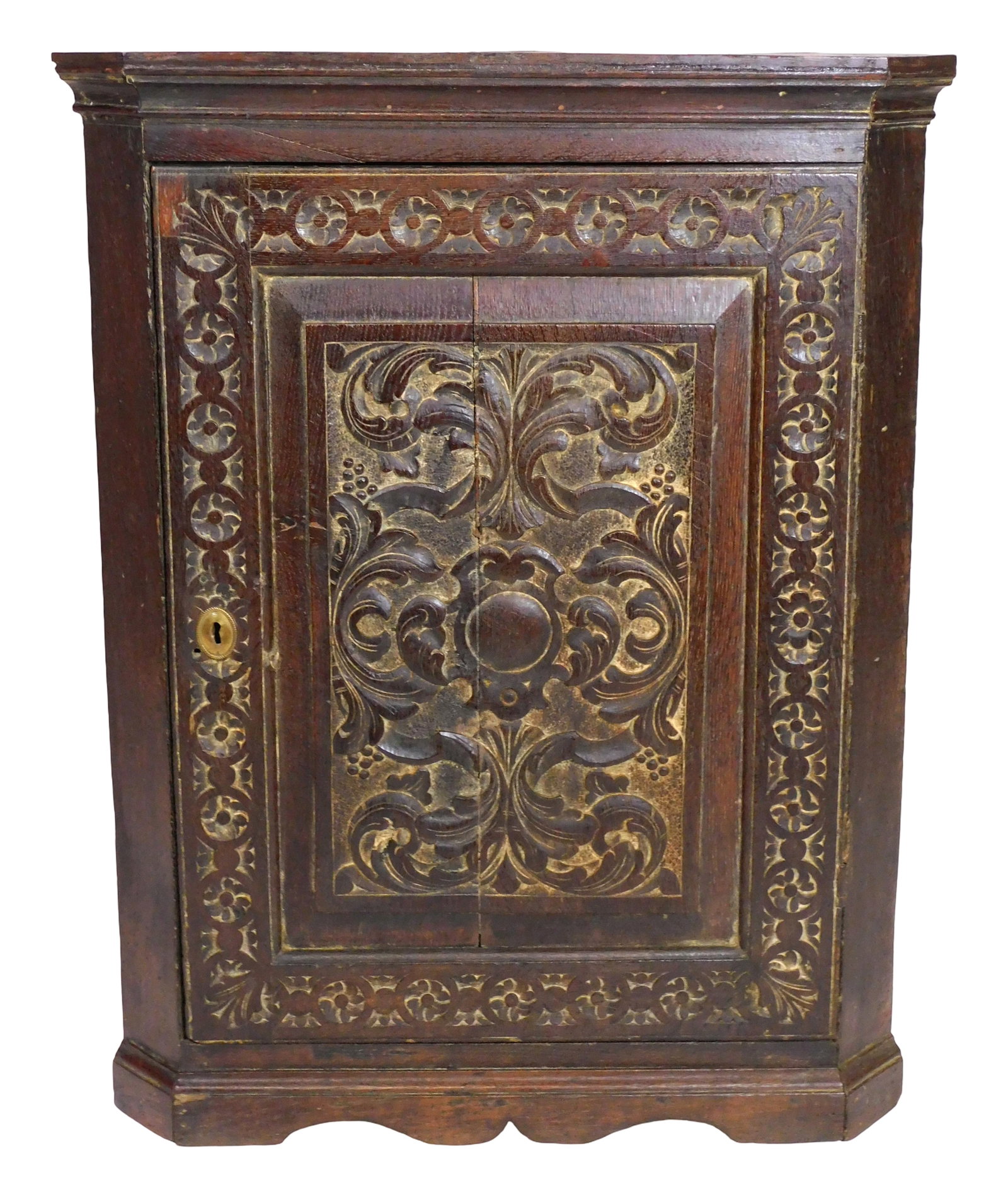+Wall corner cabinet, late 16th – 17th C., English, oak, cove crest molding above heavily (1 of 5)