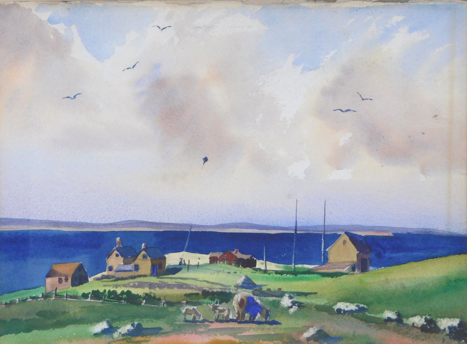 Alexander Crane (American, 1904-1953), “No Man's Land”, 1941, watercolor, coastal: Alexander Crane (American, 1904-1953), “No Man's Land”, 1941, watercolor, coastal landscape with homes, sheep in the foreground, and a kite being flown on the beach, signature appears to b