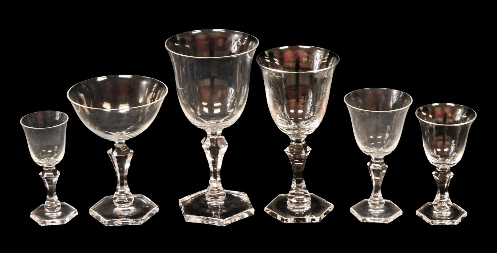 GLASS: Kosta Boda colorless "Gustav Adolph" pattern crystal stemware, Sweden, c. 1963, seventy-seven (1 of 5)