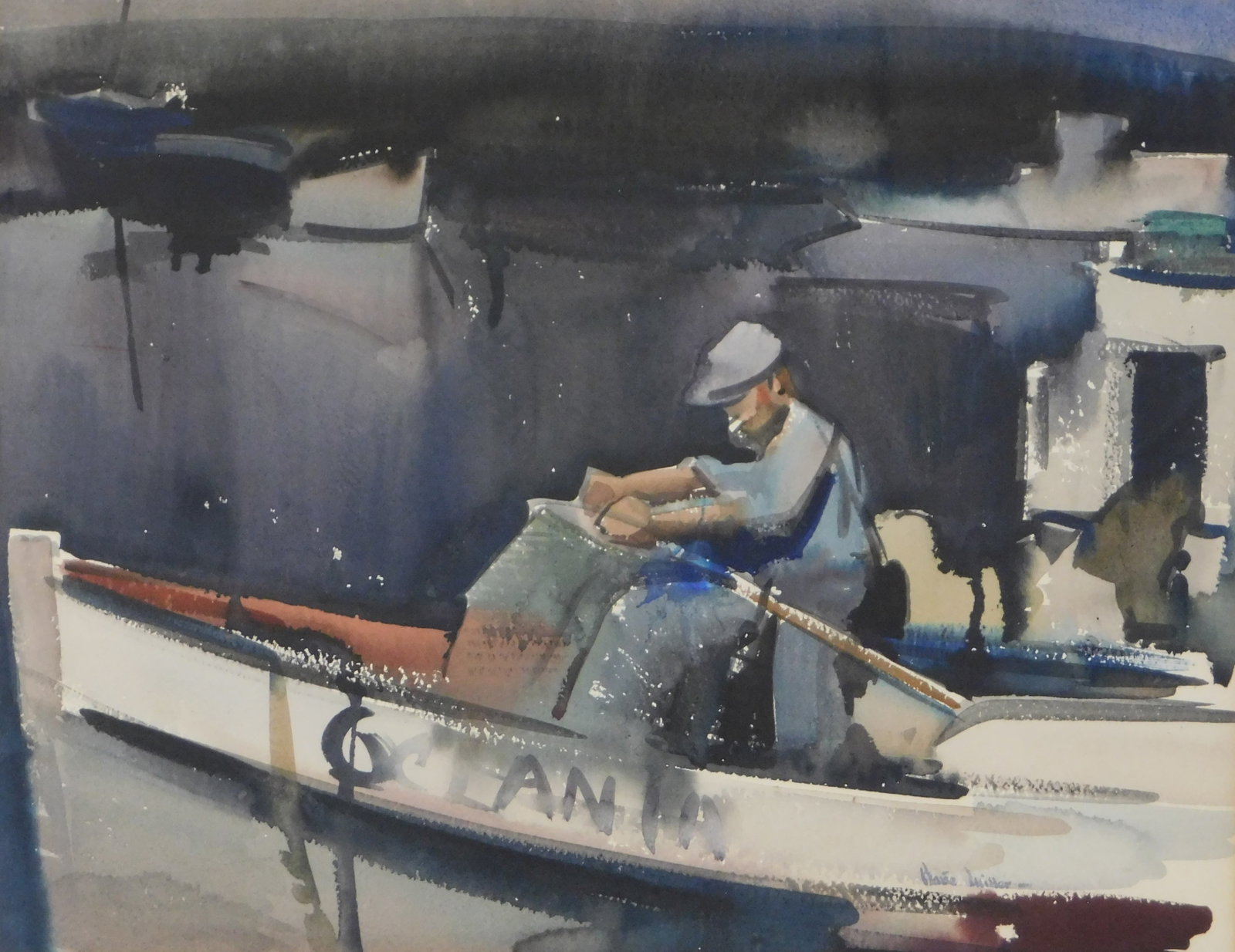 Barse Miller (American, 1904-1973), “Oceania”, watercolor, man works on boat in muted: Barse Miller (American, 1904-1973), “Oceania”, watercolor, man works on boat in muted and deep palette, signed lower right, museum labels on glass and verso, pencil inscriptions verso, con