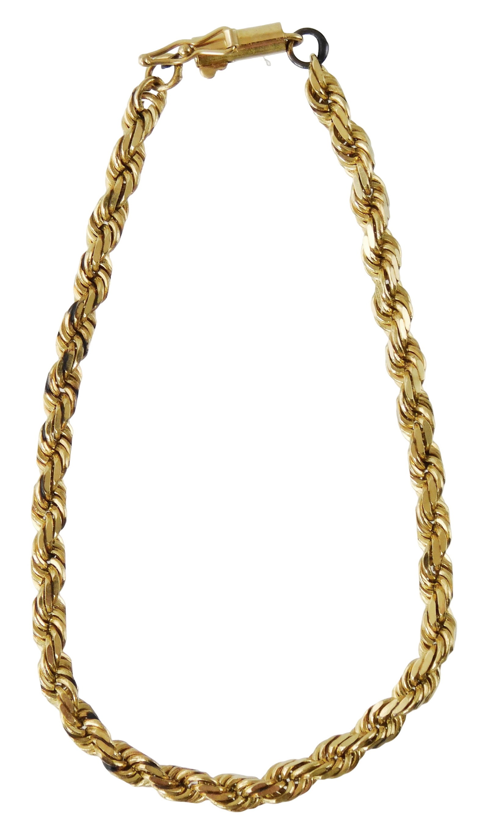 JEWELRY: 14K Yellow gold rope chain link bracelet, stamped and tested 14K, spiral design, slide (1 of 3)