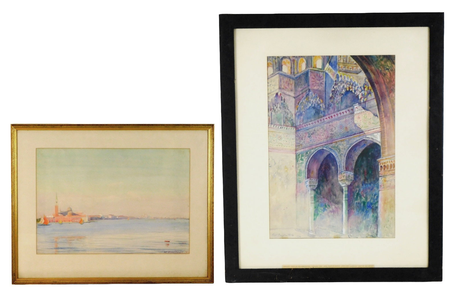 Two early/mid 20th C. framed watercolors, including: Ruel Crompton Tuttle (American, 1866-1940),: Two early/mid 20th C. framed watercolors, including: Ruel Crompton Tuttle (American, 1866-1940), “Hall of the Abencerages, Alhambra”, 1922, vibrant multicolor architectural composition wit