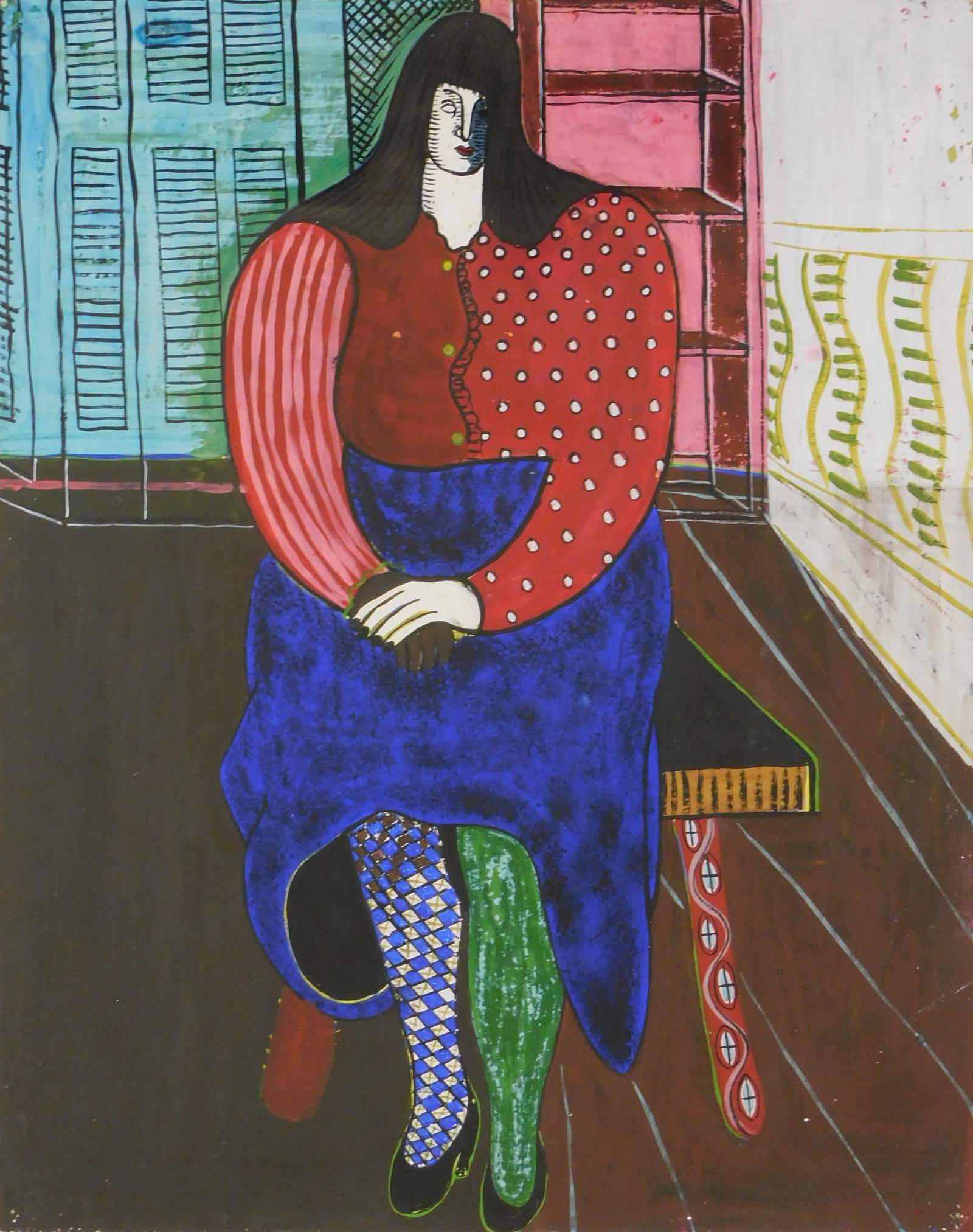 Oronzo Gasparo (American, 1903-1969), “Seated Woman”, 1943, gouache on paper, lively: Oronzo Gasparo (American, 1903-1969), “Seated Woman”, 1943, gouache on paper, lively Fauvist-style portrait of woman in red and blue with non-matching tights, pencil signed and dated in lo