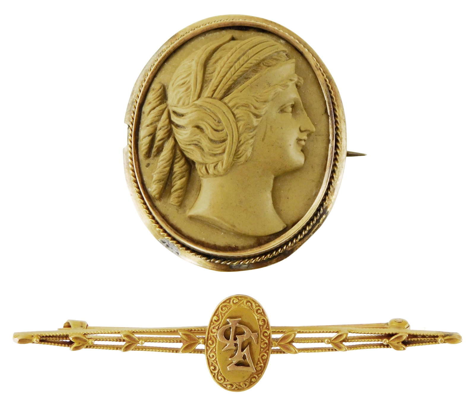 JEWELRY: 14K lava stone cameo pendant brooch and 10K filigree bar pin, late 19th C. to early 20th: JEWELRY: 14K lava stone cameo pendant brooch and 10K filigree bar pin, late 19th C. to early 20th C., details include: classically styled profile portrait in grey-brown lava stone, set in tested 14K f